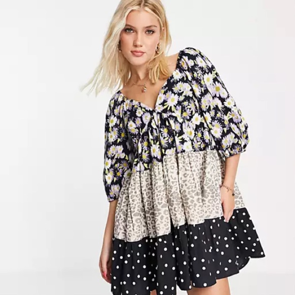 ASOS DESIGN mixed print tiered babydoll mini dress floral cheetah dot size 10